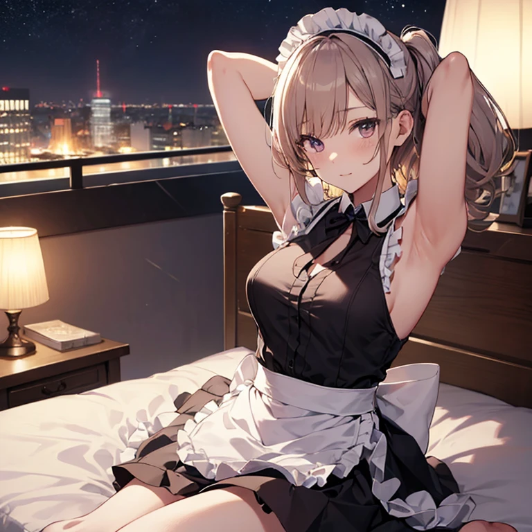 A maids, (in bedroom), various hair styles, night, details face, short skirt, seducing, sleeveless, maid uniform, armpits, lay on bed