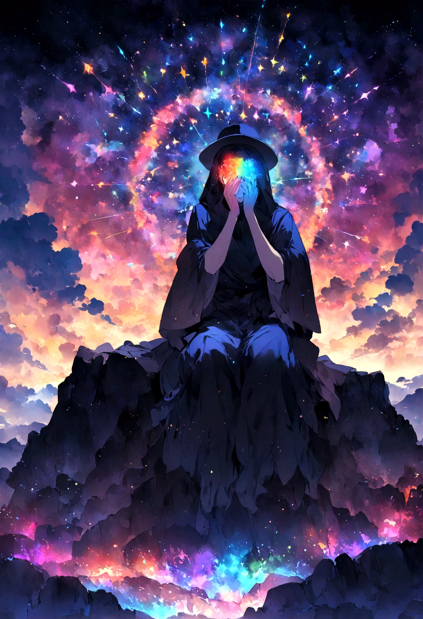 boy sitting on a rock with a hat covering part of his face, mientras es de noche y llueve en un cielo estrellado.