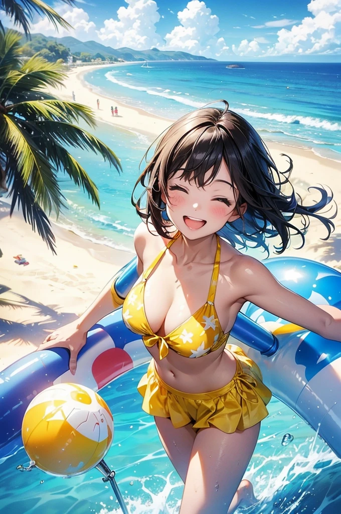 A woman standing on a sunlit beach or by a shimmering pool, radiating joy with a big, genuine smile. She’s wearing a bright, cheerful swimsuit, such as yellow or a playful pattern that enhances her sunny disposition. Her eyes might be closed as she tilts her face toward the warm sunlight, or she could be laughing while holding a colorful beach ball or a tropical drink with a smiley-face stirrer. The background features the vibrant blue of the water, a clear sky, and a lively atmosphere with elements like beach umbrellas, inflatables, and palm trees, all bathed in the golden sunlight.