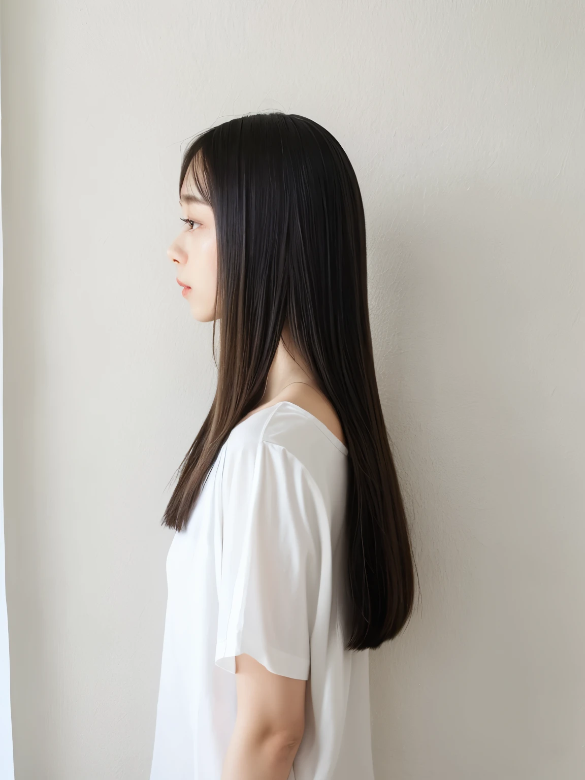 Back view,Staring in the direction the light points、Stylish short sleeve top、Silky Hair、30-year-old woman(背景にWhite wall、Straight hair:1.4)、White wall、In front of the white door、Don'Don't look at the camera、profile、(窓のあるWhite wallの部屋)、((highest quality、8k、masterpiece:1.3))、Ultra-high resolution、(photoGenuineistic:1.4)、RAW Photos、Japanese,(detailed aspects)、Genuine、Photographed in natural light、Highly detailed face and skin texture、Highly detailed lips、The correct state of the human body、Medium Hair、Black Hair、Mr..々Pause、Natural color lip、Shiny Hair