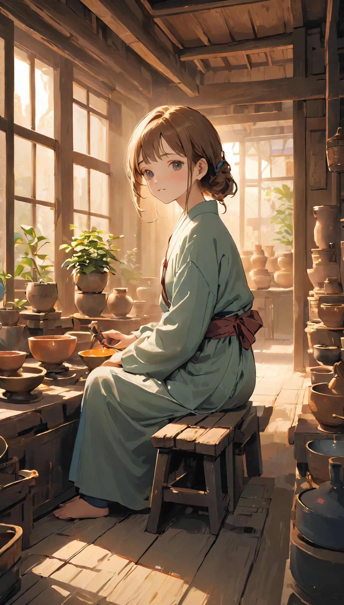 One Girl、cute、、Perfect Anatomy、Accurate human body depiction、highest quality、Masterpiece、High resolution、８ｋ、Wabi-sabi art、Extremely delicate facial and skin texture、Ultra-detailed eye、Beautiful Face、Sitting and working、Making a pot、Working on the potter&#39;s wheel、Dirty work clothes、Ceramicist、轆轤で壺を作る女性Ceramicist、Dirty work room、Pots drying on a shelf_dish、