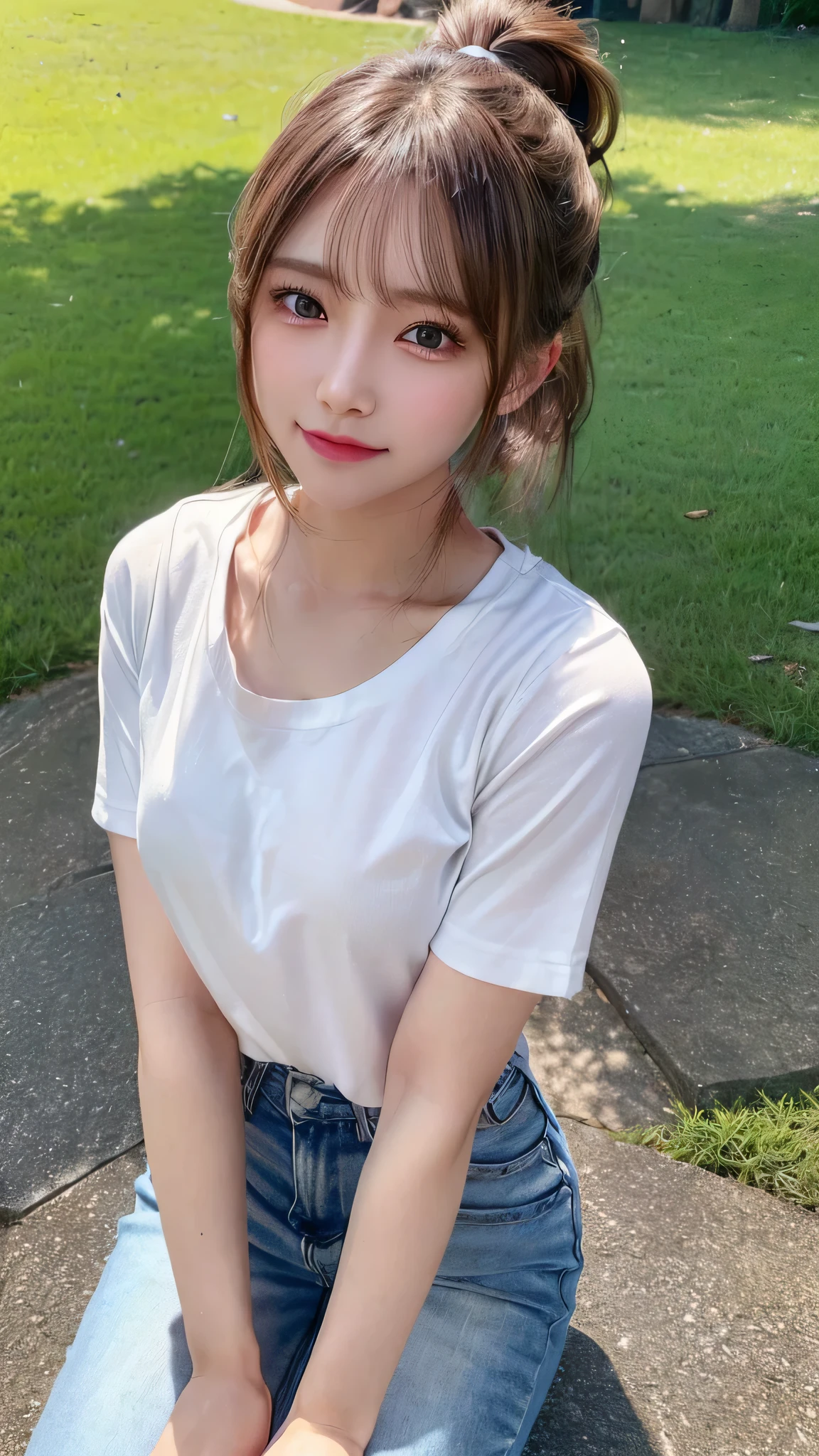White T-shirt and jeans,outdoors,Urban Park,On the lawn,Ultra-detailed, finely detail, hight resolution, 8K Wallpaper, Perfect dynamic composition, Beautiful detailed eyes,Outdoor,Close-up of face,Outdoor,Blushing,Facing forward,,Long hair ponytail,((8K, Raw photo, Best Quality, Mastepiece:1.2), (Realism, Photorealistic:1.4), (Highly detailed 8k wallpaper), Depth of written boundary, Cinematic Lighting, Soft Light, Detailed Beauty Eye,Shiny and smooth light brown ponytail, Asymmetrical bangs, Shiny skin, Ultra-detailed skins ,It is high resolution., High detail, Detailed hairstyle, Detailed facial beauty, Hyper-realistic, Perfect limbs, Perfect Anatomy ,1 Japanese girl,Famous Japanese Idols, Perfect female body,A shy smile,Short eyelashes,Double-edged eyelids,Look straight here,Hair style: ponytail,
