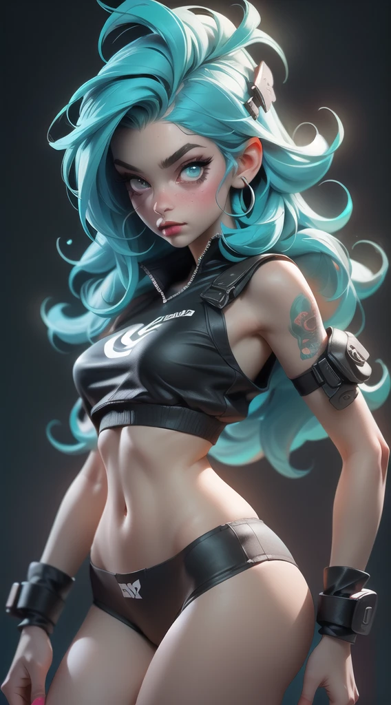 ((Best Quality)), ((Masterpiece)), ((Realistic)) and ultra-detailed photography of a 1 nerdy girl with goth and neon colors. She has ((turquoise hair)), wears a (tech-wear top) and a (black thong, red pattern:1.2) , ((beautiful and aesthetic)), sexy, under-boobs, hot