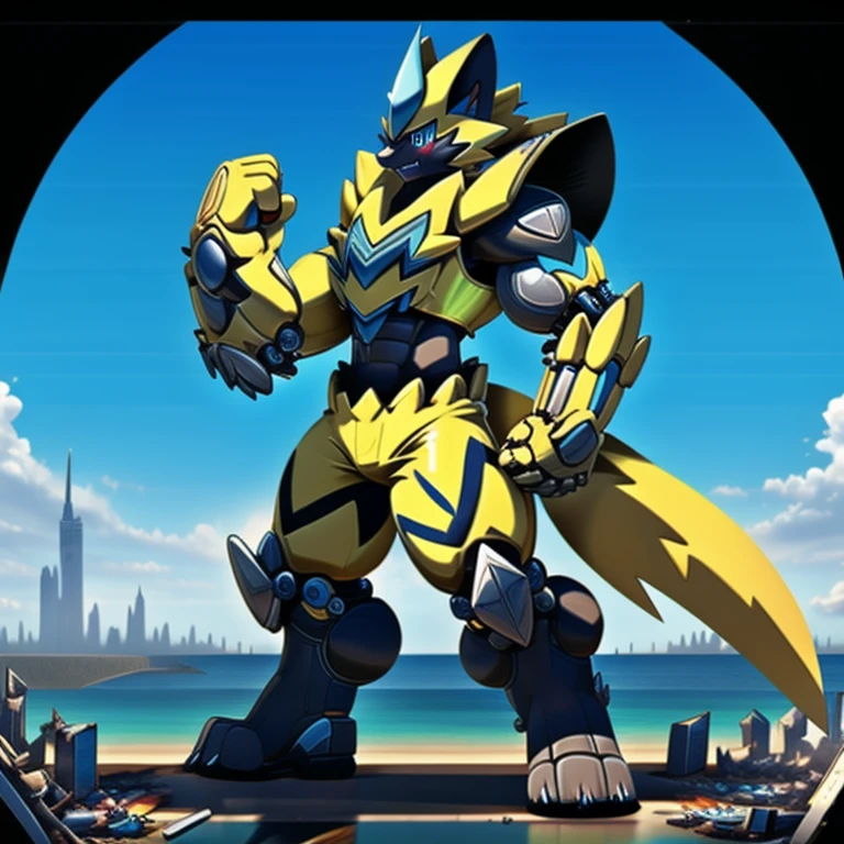 medieval knight, There are super huge zeraora in the background, The whole body is mechanical armor, The whole body is full of weapons，Complex mechanical structure, future world, destroyed city, gigantic 10 storey tall zeraora holding huge assault rifles on both, 