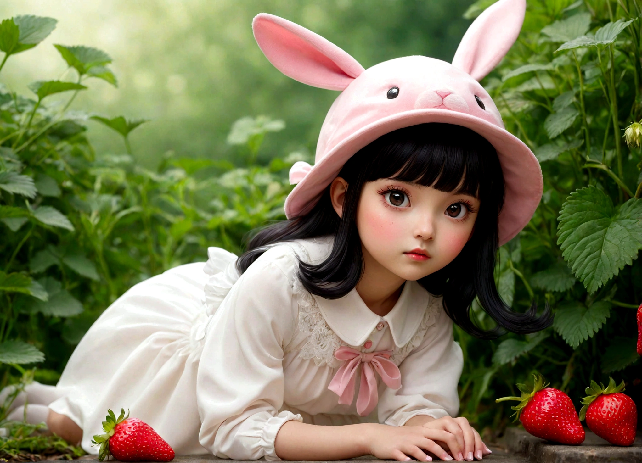 strawberry　pink　cute　girl　whole body　Wearing a rabbit hat, Long sleeve white dress, And heeled shoes. Her black bangs peeked out from under her hat、Each eye has three eyelashes。. Shine; Sparkling　strawberryの花