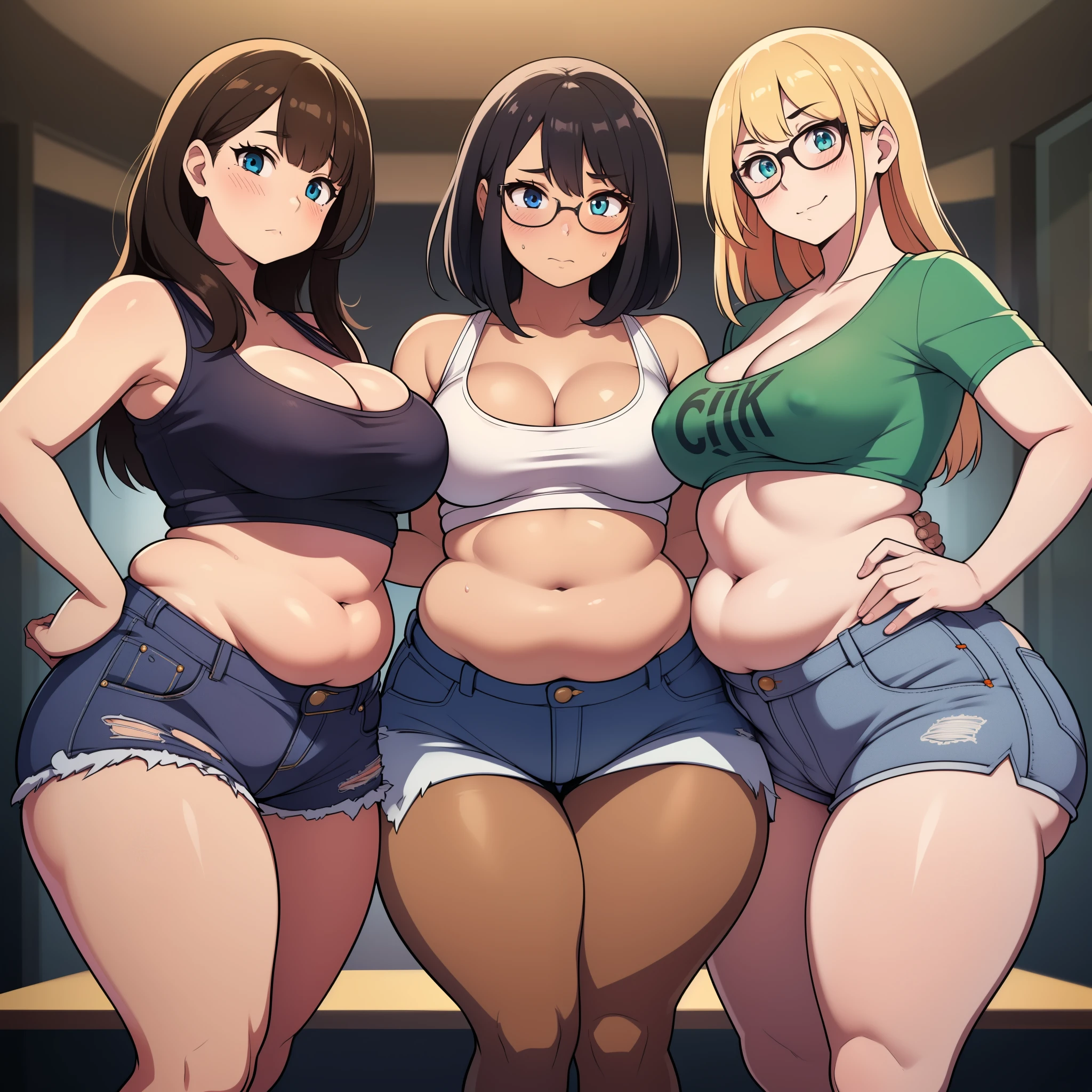 ((highres)), Masterpiece, high quality, best quality, beautiful, perfect lighting, detailed face, ultra cute face, (((3girls))), ((blush)), embarrassment, one girl has blonde hair, blue eyes, crop top and shorts, skindentation, one girl has brown hair, green eyes, jeans, white shirt, tight clothes, one girl has, Short black hair, brown eyes, crop top and shorts full body, fast food restaurant, cleavage, medium breasts, ((wide hips)), ((thick thighs)), ((plump)), chubby belly, fat folds, belly hang, standing, touching each other,