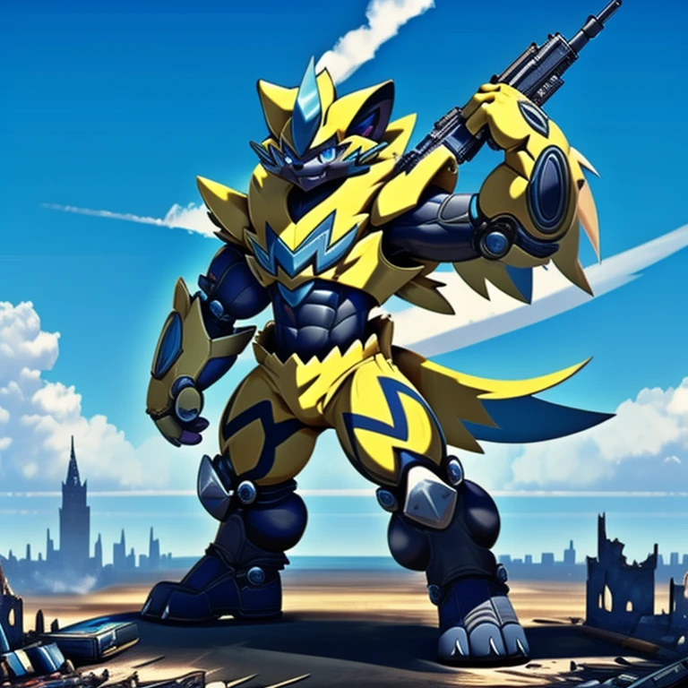(medieval knight), There are super huge zeraora in the background, The whole body is mechanical armor, The whole body is full of weapons,Complex mechanical structure, future world, destroyed city, gigantic 10 storey tall zeraora holding huge assault rifles on both,