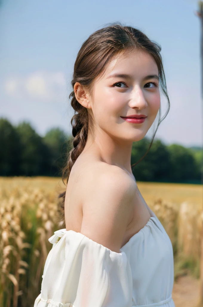 best quality, masterpiece, Ultra-high resolution, (Reality:1.4), RAW photos, 1 Girl, White Dress, Off-shoulder, In the wheat field，Harvest of wheat, radiant skin, A faint smile