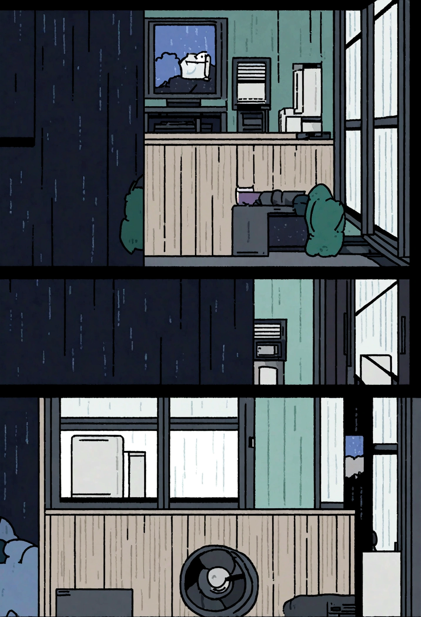 night、A man using five Windows 98 computers in the dark,A man who looks distressed,It was raining outside the floor-to-ceiling windows.,2D-style animations, Lo-Fi, Hard Drive, Dark Medium