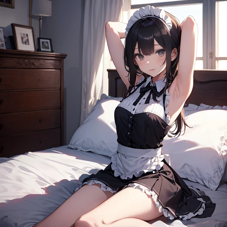 A maids, (in bedroom), various hair styles, night, details face, short skirt, seducing, sleeveless, maid uniform, armpits, lay on bed