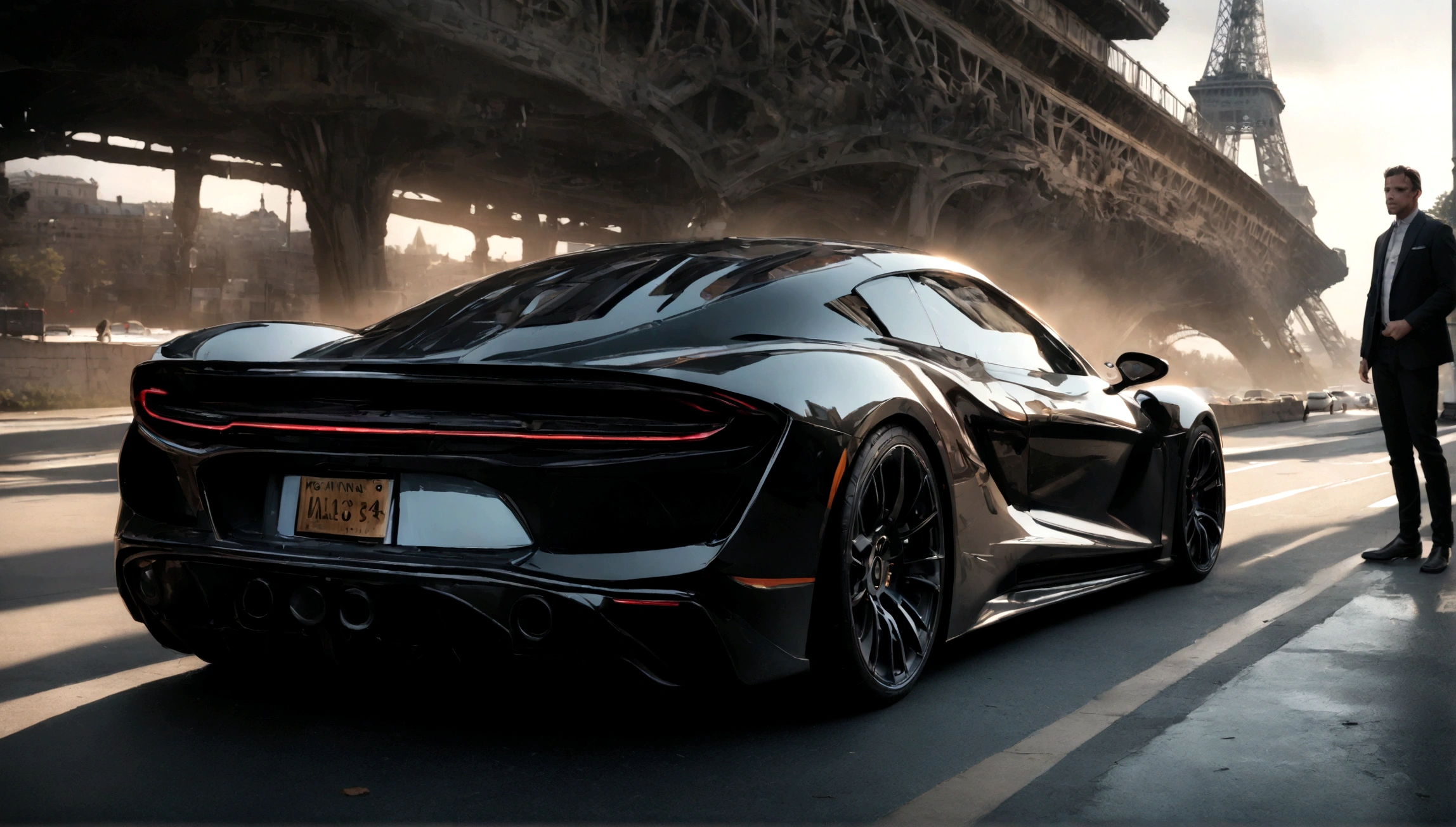 a red and black superdeportivo car, aggressive design, eiffel tower in the background, (best quality,4k,8k,highres,masterpiece:1.2),ultra-detailed,(realistic,photorealistic,photo-realistic:1.37),highly detailed car,extremely detailed red and black supercar,dramatic lighting,dramatic angle,dramatic composition,cinematic,epic,dramatic,moody,sharp focus,physically-based rendering,professional,vivid colors