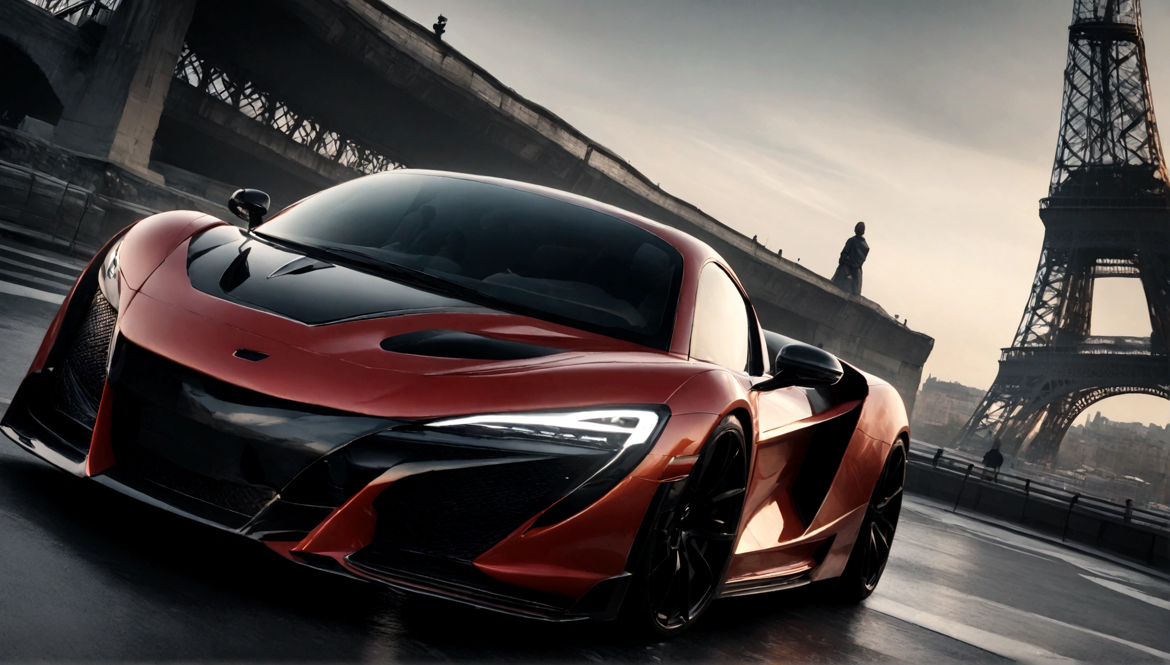 a red and black superdeportivo car, aggressive design, eiffel tower in the background, (best quality,4k,8k,highres,masterpiece:1.2),ultra-detailed,(realistic,photorealistic,photo-realistic:1.37),highly detailed car,extremely detailed red and black supercar,dramatic lighting,dramatic angle,dramatic composition,cinematic,epic,dramatic,moody,sharp focus,physically-based rendering,professional,vivid colors
