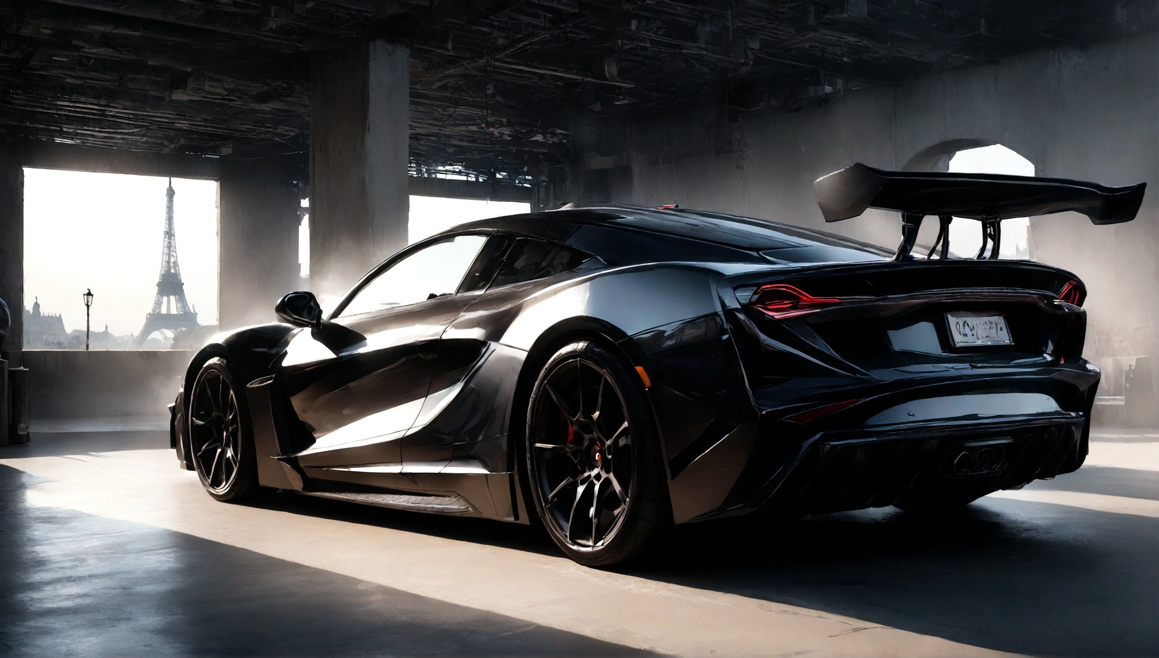 a red and black superdeportivo car, aggressive design, eiffel tower in the background, (best quality,4k,8k,highres,masterpiece:1.2),ultra-detailed,(realistic,photorealistic,photo-realistic:1.37),highly detailed car,extremely detailed red and black supercar,dramatic lighting,dramatic angle,dramatic composition,cinematic,epic,dramatic,moody,sharp focus,physically-based rendering,professional,vivid colors