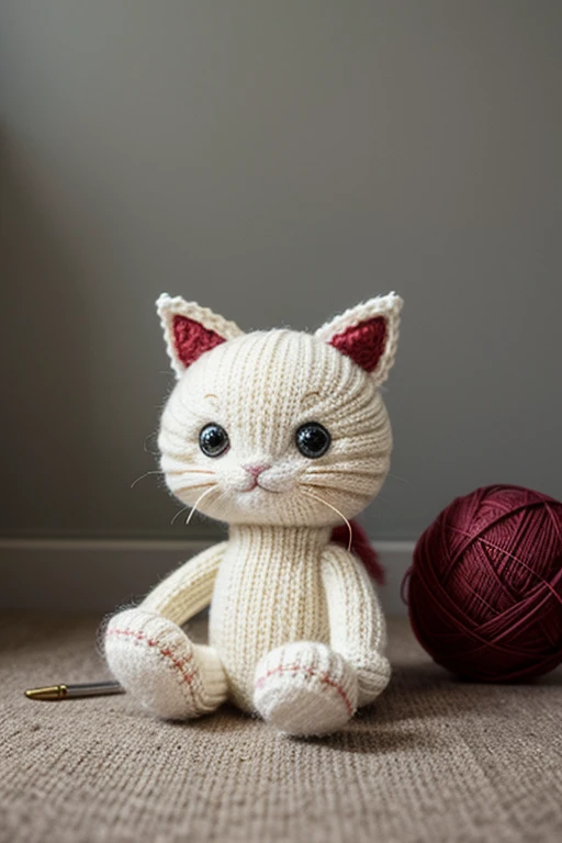 Generate the image of a toy cat knitted from wool
