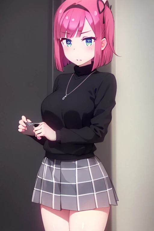momijimochizuki, momiji mochizuki, short hair, blue eyes, ribbon, hair ribbon, pink hair, side ponytail, one side up,
BREAK skirt, shirt, jewelry, necklace, sweater, turtleneck, black sweater, plaid skirt, grey skirt, short sleeves,
BREAK indoors, office,
BREAK looking at viewer, (cowboy shot:1.5),
BREAK (masterpiece:1.2), best quality, high resolution, unity 8k wallpaper, (illustration:0.8), (beautiful detailed eyes:1.6), extremely detailed face, perfect lighting, extremely detailed CG, (perfect hands, perfect anatomy),