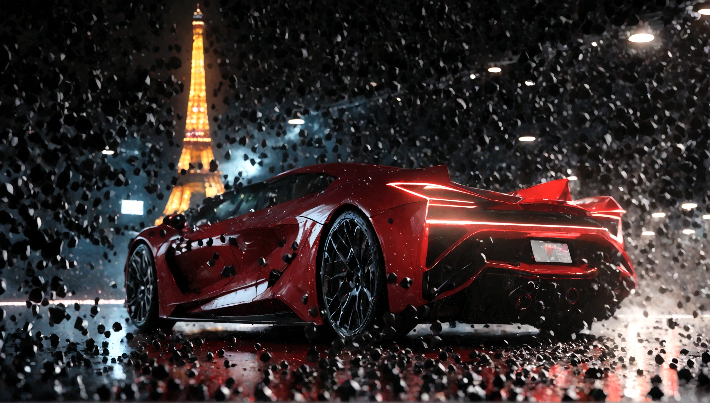 red and black supercar, aggressive design, eiffel tower in the background, 1 car, cinematic lighting, octane render, hyperrealistic, 8k, photo-realistic, hyper detailed, volumetric lighting, depth of field, photorealistic, intricate details, dynamic composition, dramatic atmosphere, cinematic angles, dramatic lighting, ultra-detailed, studio lighting, highly detailed, sharp focus, physically-based rendering, professional photography, vivid colors, elegant, sleek, powerful, futuristic, concept art