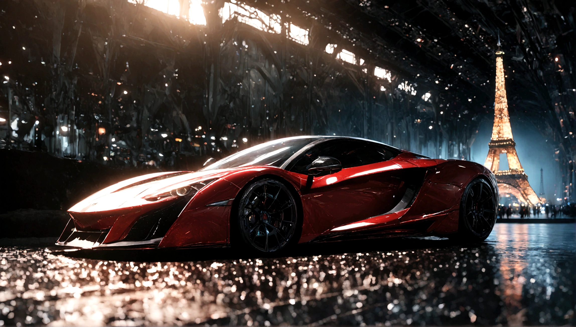 red and black supercar, aggressive design, eiffel tower in the background, 1 car, cinematic lighting, octane render, hyperrealistic, 8k, photo-realistic, hyper detailed, volumetric lighting, depth of field, photorealistic, intricate details, dynamic composition, dramatic atmosphere, cinematic angles, dramatic lighting, ultra-detailed, studio lighting, highly detailed, sharp focus, physically-based rendering, professional photography, vivid colors, elegant, sleek, powerful, futuristic, concept art