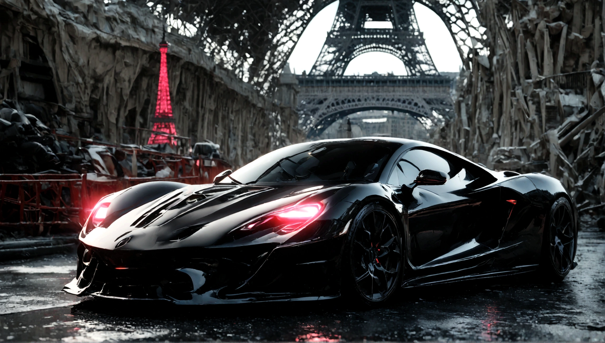 red and black supercar, aggressive design, eiffel tower in the background, 1 car, cinematic lighting, octane render, hyperrealistic, 8k, photo-realistic, hyper detailed, volumetric lighting, depth of field, photorealistic, intricate details, dynamic composition, dramatic atmosphere, cinematic angles, dramatic lighting, ultra-detailed, studio lighting, highly detailed, sharp focus, physically-based rendering, professional photography, vivid colors, elegant, sleek, powerful, futuristic, concept art