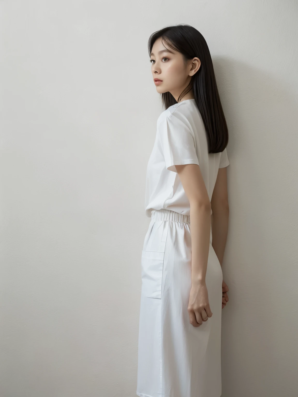 Back view，Staring in the direction the light points、Stylish short sleeve top、Silky Hair、30-year-old woman(背景にWhite wall、Straight hair:1.4)、White wall、In front of the white door、Don&#39;Don&#39;Don&#39;t look at the camera、profile、(窓のあるWhite wallの部屋)、((highest quality、8k、masterpiece:1.3))、Ultra-high resolution、(photoGenuineistic:1.4)、RAW Photos、Japanese,(detailed aspects)、Genuine、Photographed in natural light、Highly detailed face and skin texture、Highly detailed lips、The correct state of the human body、Medium Hair、Black Hair、Mr...々stop temporarily、Natural color lip、Shiny Hair