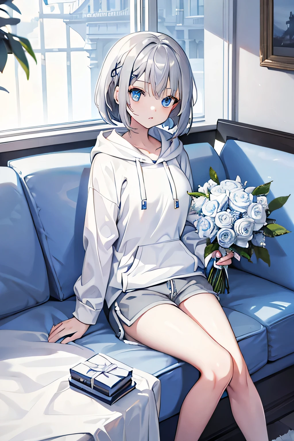 girl,Silver Hair,blue eyes,Bob,birthday,whole body,White hoodie,Grey shorts,bouquet