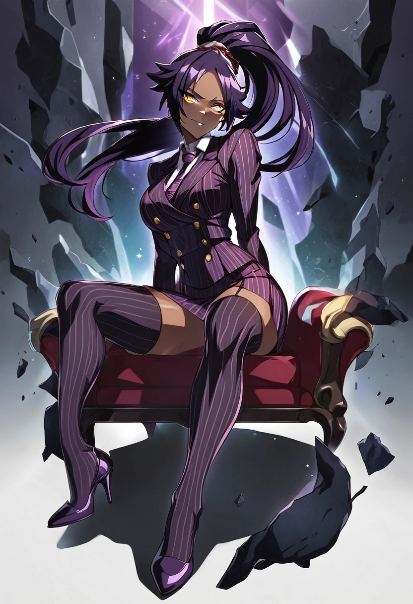  Full body Yoruichi as a thin Black business woman in a double breasted pinstripe purple  skirt suit while wearing a tie with a purple pinstripe skirt and with purple knee sock’s and stockings wearing purple heels while sitting full art anime 