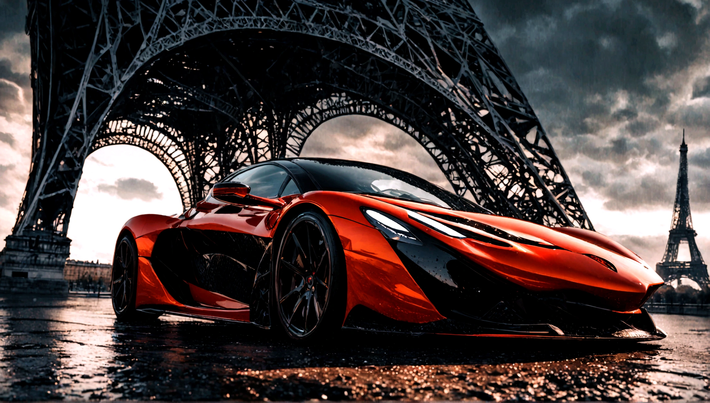 a red and black supercar, aggressive design, eiffel tower in the background, photorealistic, 8k, hyperdetailed, intricate details, dramatic lighting, cinematic composition, glossy paint, carbon fiber accents, chrome trim, sleek and aerodynamic, low angle perspective, moody atmosphere, dramatic shadows, warm color palette