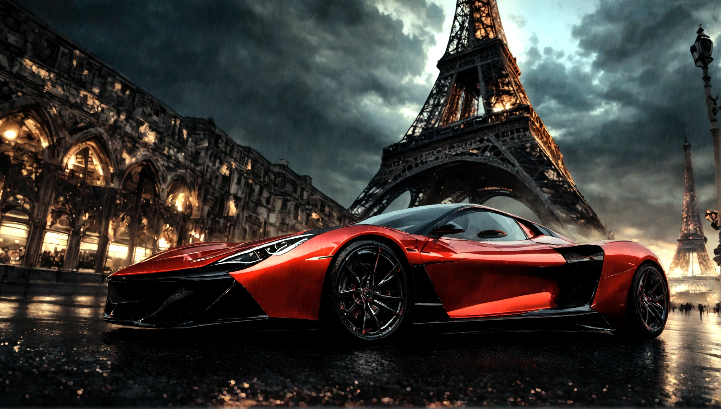 a red and black supercar, aggressive design, eiffel tower in the background, photorealistic, 8k, hyperdetailed, intricate details, dramatic lighting, cinematic composition, glossy paint, carbon fiber accents, chrome trim, sleek and aerodynamic, low angle perspective, moody atmosphere, dramatic shadows, warm color palette