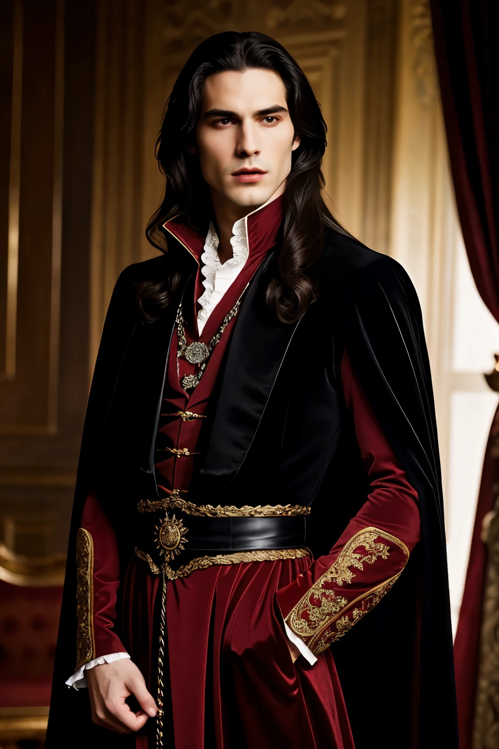 Vampire prince, full-length portrait, with a vampire symbol, black red cape draped elegantly, Wear a Renaissance male vampire costume. ,chain accentuating the seductive allure, brown eyes with intricate detailing peering out from underneath a noble crown, sharp jawline, masculine nose, Male Long hair straight to the waist , clean-shaven, exuding an air of elegance and seduction, digital painting, ultra realistic, dramatic lighting