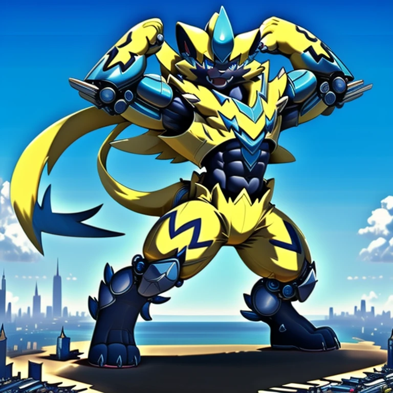 (medieval knight), There are super huge zeraora in the background, The whole body is mechanical armor, The whole body is full of weapons,Complex mechanical structure, future world, destroyed city, gigantic 10 storey tall zeraora holding huge assault rifles on both, dominating zeraora,