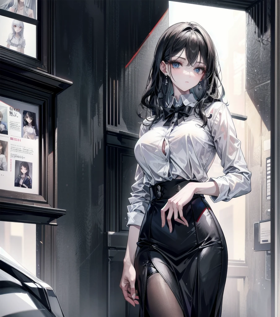 absurdres, RAW photo, extremely delicate, extremely beautiful, masterpiece, Best Quality, ultra high resolution, 32k, hyperrealistic, ultra-detailed description, perfect anatomy, pale skin, 20 years old, detailed beautiful face, detailed beautiful face eyes, tearful mole, earring, medium hair, wavy hair, black hair, Colossal tits, slim body, narrow waist, whole body, business suit, blazer, blouse, skirt,