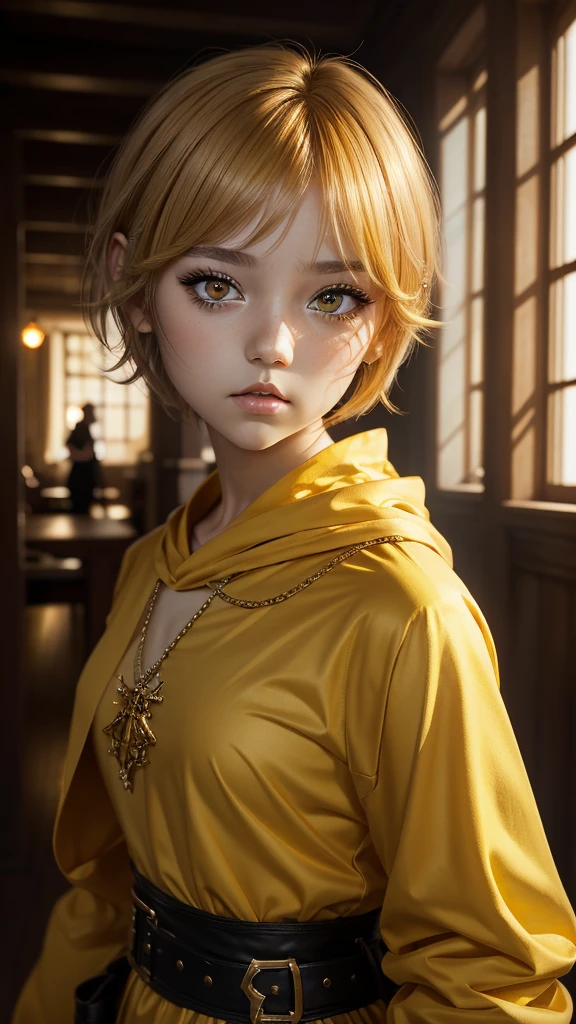 high detail, clarity, 8 kkk, young girl, 18 years old, light hair, short hair, yellow eyes, blazing, Realism, fantasy,