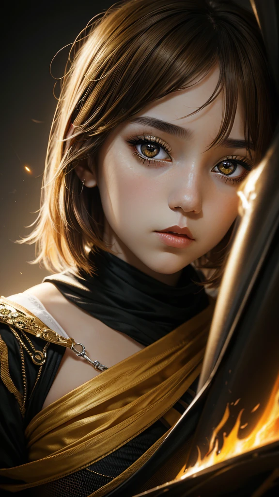 high detail, clarity, 8 kkk, young girl, 18 years old, light hair, short hair, yellow eyes, blazing, Realism, fantasy,