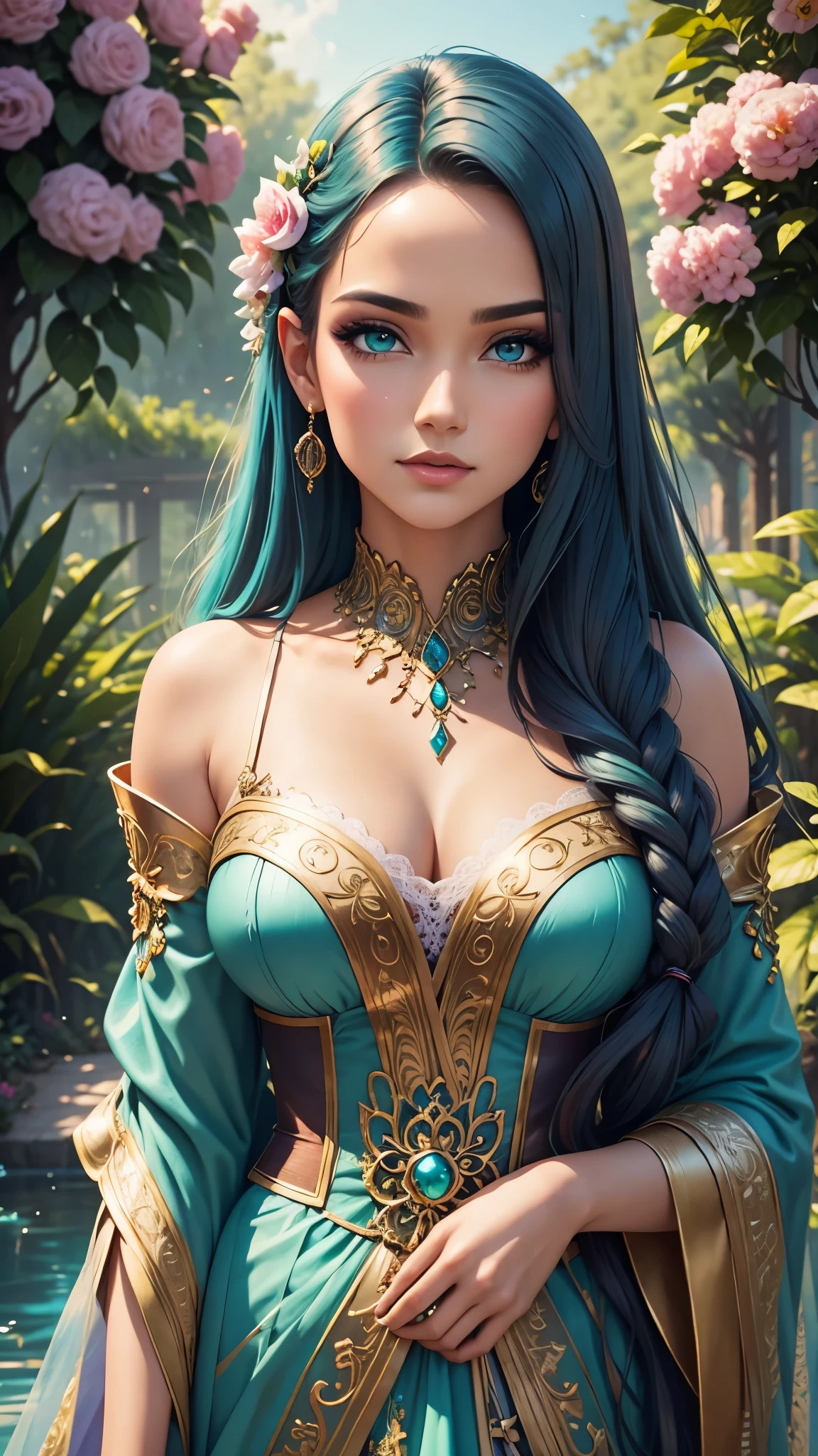 a beautiful young woman with long turquoise hair, detailed facial features, mesmerizing eyes, wearing an elegant fantasy dress, posing in a lush garden with colorful flowers, ultra-detailed, photorealistic, highly detailed, award winning, cinematic lighting, 8k, intricate details, vibrant colors, fantasy art, concept art