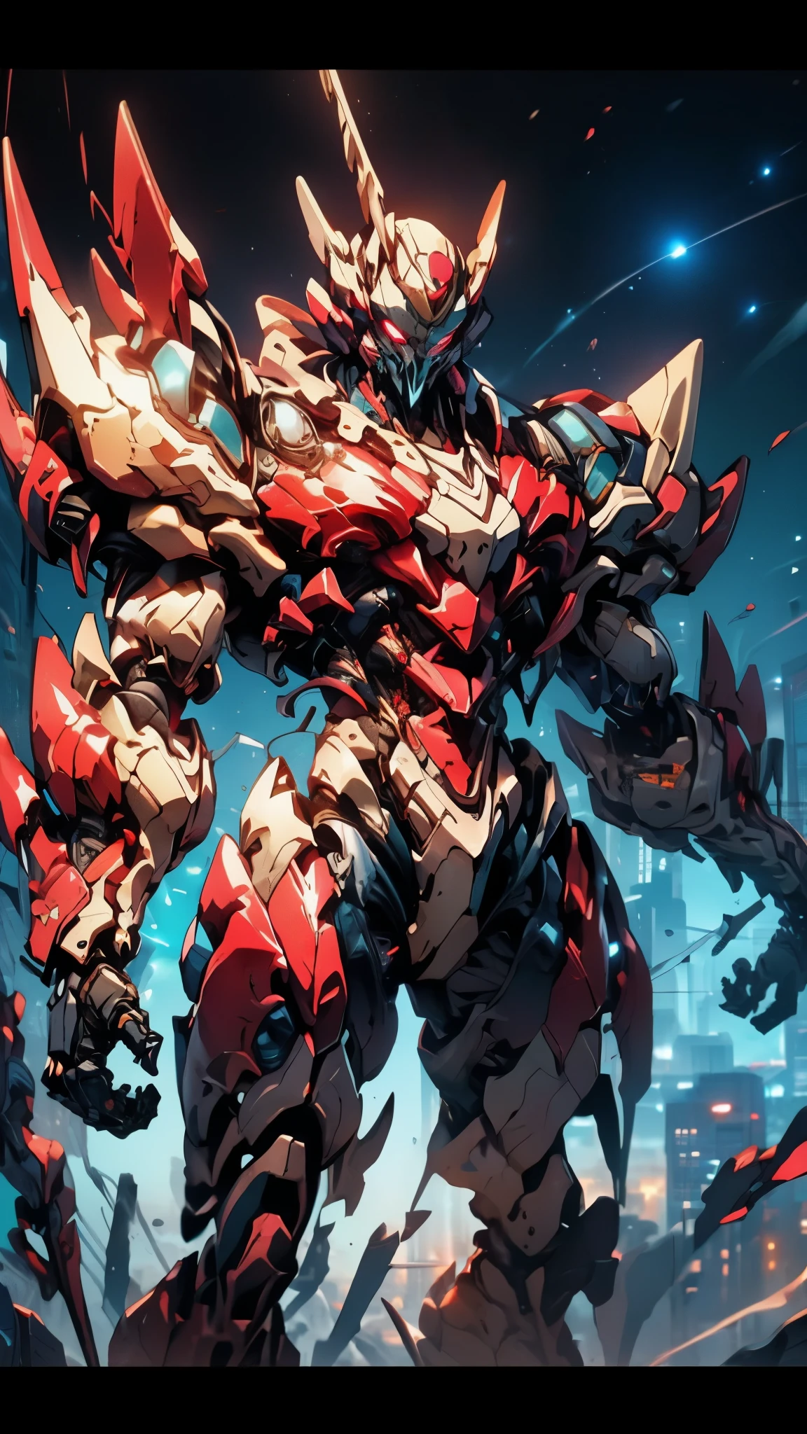 Humanoid Mecha, fully enclosed shoulder guards, matching arm and leg guards, full body, full armor, the design balances heavy with agility, (the color scheme is primarily white with red and blue accents, the concept Inspired by Super robot, organic biotech armor, standing, floating high above the futuristic sci-fi city), exquisite and mature art style, (aura effect, energy, glowing eyes, the armor glows), ((SRS)), metallic, dynamic, dramatic, high definition, best quality, highres, ultra-detailed, ultra-fine painting, extremely delicate, professional, perfect body proportions, anatomically correct, symmetrical face, extremely detailed eyes and face, high quality eyes, creativity, RAW photo, UHD, 32k, Natural light, cinematic lighting, masterpiece-anatomy-perfect, masterpiece:1.5