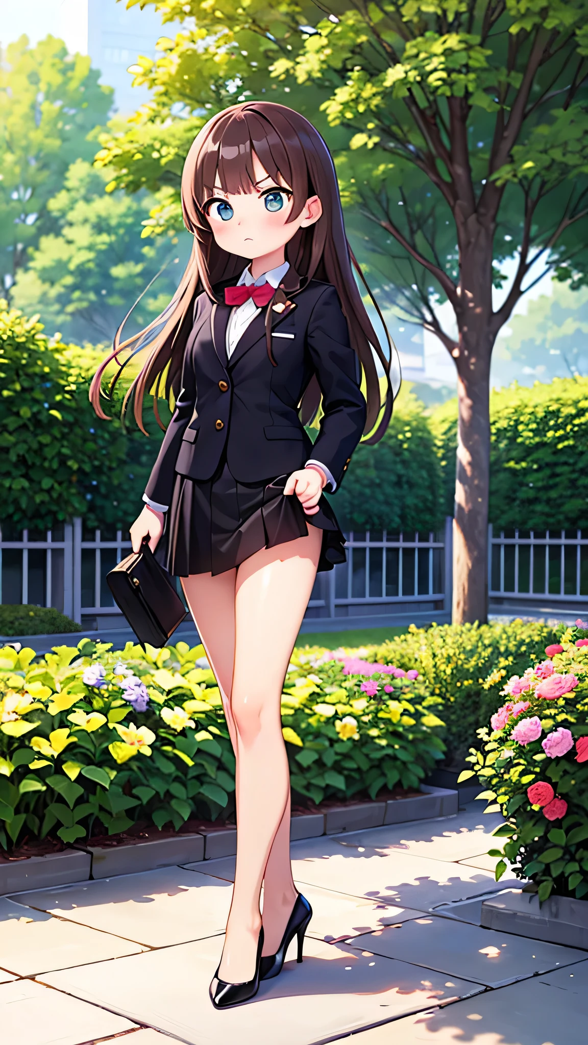 masterpiece) {highest quality], [Super beautiful], [Ultra fine], [Best illustration], NSFW,Brown Hair, Princess Cut, Long Hair, With bangs, girl, In a suit, OL, Angry face, blush, Slender women, Straight Skirt, Standing posture, （Public）garden, diagonal, From diagonal, Bare feet and pumps, Plain black pumps