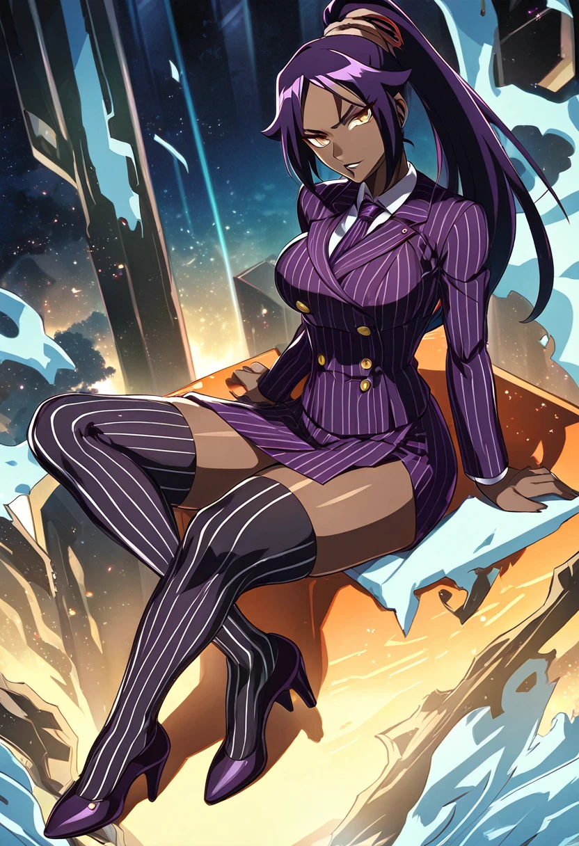  Full body Yoruichi as a thin Black business woman in a double breasted pinstripe purple  skirt suit while wearing a tie with a purple pinstripe skirt and with purple knee sock’s and stockings wearing purple heels while sitting full art anime 