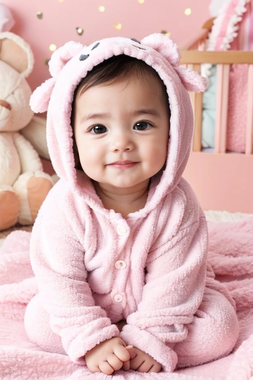 A very cute baby with big, sparkling eyes and a sweet smile, sitting in a soft, cozy blanket. The baby is wearing a light pastel-colored onesie, with a small stuffed animal beside them. The background is a softly lit, warm and gentle nursery with soft colors.