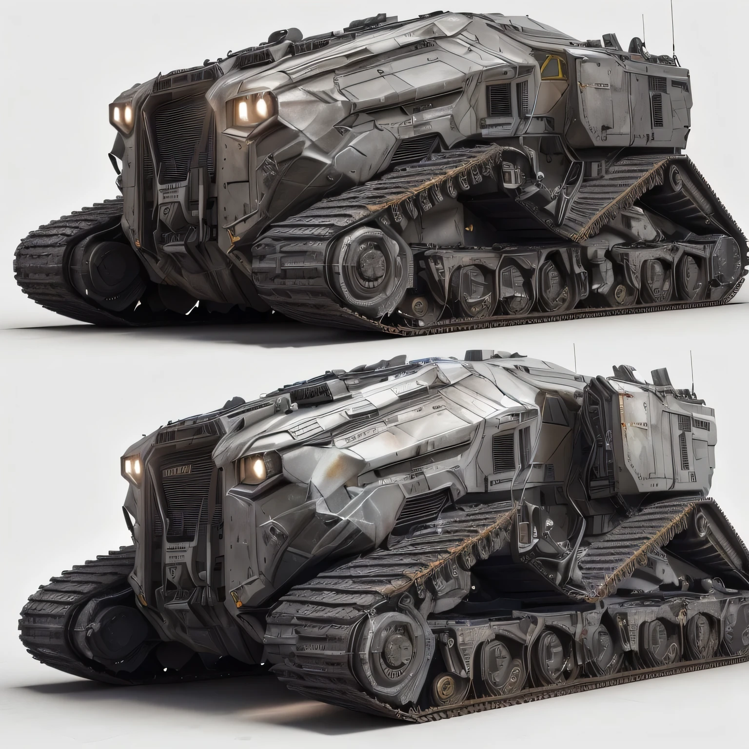 crie um modelo 3d, inspired by this image, de um veiculo que se movimente por esteira, no windows needed, because visibility from the outside will not be possible, a close-up of two different views of a military vehicle, highly detailed science fiction, hard surface modelling, scifi futuristic vehicles, hard surface modeling, hard surface model, low-poly, zbrush hard surface, equipamento de transporte militar, hard surface concept art, hard surface 3 d, Octane 3d rendering concept art