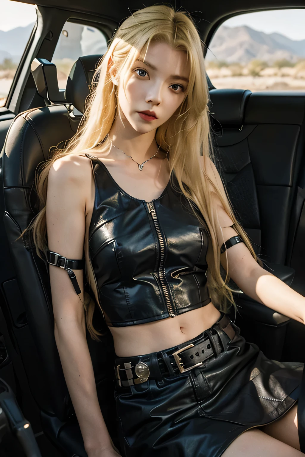 girl, Leather Fashion, Bondage, Blonde, Platinum Blonde, 
Mad Max costume cosplay, skinny, slender,
 Exposed leather, Black and brown bondage leather, 
Dry Moorland, sunshine, Outdoor, Australian desert, desert, 
Dirty and worn-out modified car, Mad Max, 
Tattered Bondage, Dirty Leather, Torn Bondage, 
