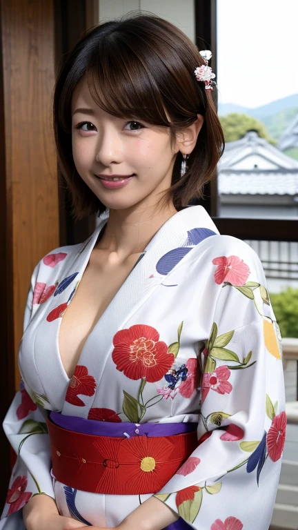 masterpiece、highest quality、High resolution、Tabletop、wallpaper、Realistic、Bright lighting、Professional Lighting、Face Light、Smooth lighting、Japanese women、Adult female、Beautiful woman、、Modeled、gravure、sexy、so beautiful、Beautiful Skin、Beautiful and detailed、Detailed face、slim、Large Breasts、Cleavage 、short hair、Brunette colored hair、Brown eyes、Looking at the camera、Japanese Kimono、Japanese Yukata、hot spring、smile,looking at viewer,