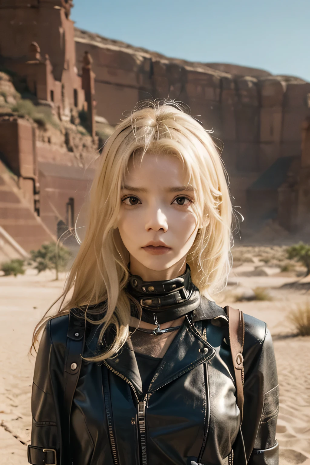 girl, Leather Fashion, Bondage, Blonde, Platinum Blonde, 
Mad Max costume cosplay, skinny, slender,
 Exposed leather, Black and brown bondage leather, 
Dry Moorland, sunshine, Outdoor, Australian desert, desert, 
Dirty and worn-out modified car, Mad Max, 
Tattered Bondage, Dirty Leather, Torn Bondage, 
