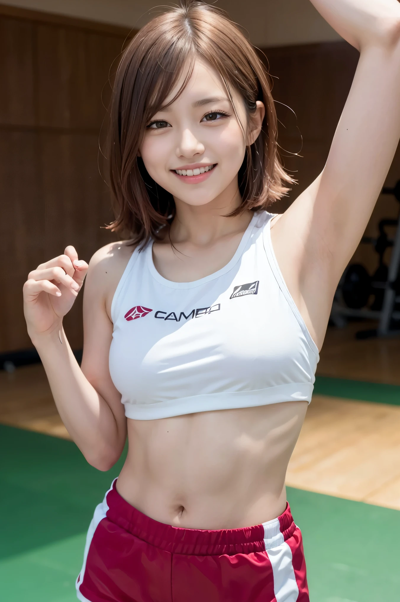 masterpiece, 4K, highest quality, Realistic、Female 2、Two gym trainers with beaming smiles, Latex shorts, Are standing, Arms crossed、Both of them are as cute as idols、A happy smile、A beautifully maintained and very bright gym, Body touch on a toned body:1.1、Brown eyes, short_hair, Good size_chest, Hands outstretched towards the audience、Close-up of crotch