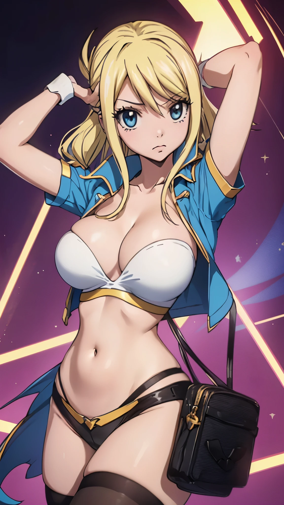 (best quality,highres:1.2),ultra-detailed,realistic,photorealistic:1.37,a beautiful girl (Lucy Heartfillia from Fairy Tail) model in a pop style,18 years old,long legs,medium breasts,extremely detailed face (with emphasis on azure eyes),Her golden-colored hair falls to her shoulders,wearing tight-fitting clothes (exposing the stomach),bent down, lifting her ass to the top,more sexy pose,illustration,colorful pop art style,dynamic lighting,neon colors,sunglasses on head.Nsfw