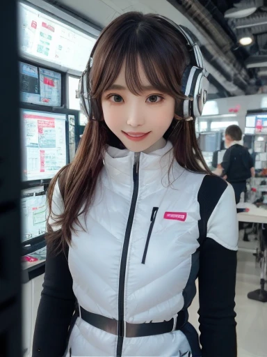 masterpiece, highest quality, Very detailed, 8K Portrait,Japanese Android Girl,plump , Control panel,Robotic arms and legs, Blunt bangs,,break (Metallic Gray, Metallic luster, Mirror finish, Astro Best):5,headphone:5,break (Black sleeves):100,Smart Watches,Futuristic space station,Control Room,break headphone,blue eyes,(Black Hair):2,(Long Hair):1.3,View the viewer,(respirator),break blush:3,Hidden Hand,smile