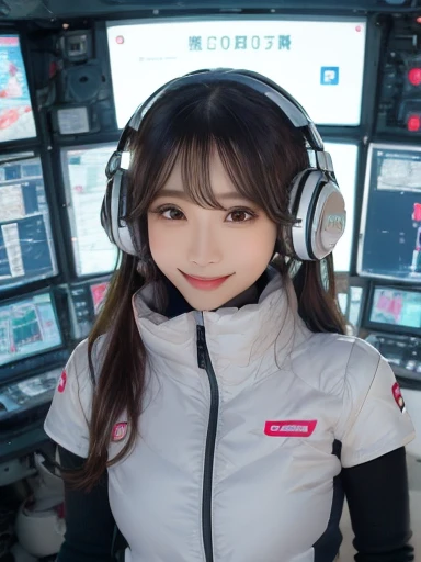 masterpiece, highest quality, Very detailed, 8K Portrait,Japanese Android Girl,plump , Control panel,Robotic arms and legs, Blunt bangs,,break (Metallic Gray, Metallic luster, Mirror finish, Astro Best):5,headphone:5,break (Black sleeves):100,Smart Watches,Futuristic space station,Control Room,break headphone,blue eyes,(Black Hair):2,(Long Hair):1.3,View the viewer,(respirator),break blush:3,Hidden Hand,smile