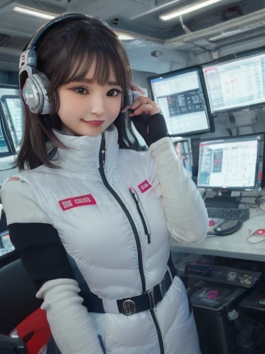 masterpiece, highest quality, Very detailed, 8K Portrait,Japanese Android Girl,plump , Control panel,Robotic arms and legs, Blunt bangs,,break (Metallic Gray, Metallic luster, Mirror finish, Astro Best):5,headphone:5,break (Black sleeves):100,Smart Watches,Futuristic space station,Control Room,break headphone,blue eyes,(Black Hair):2,(Long Hair):1.3,View the viewer,(respirator),break blush:3,Hidden Hand,smile