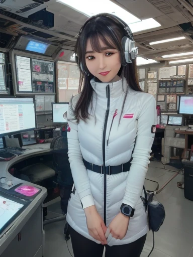 masterpiece, highest quality, Very detailed, 8K Portrait,Japanese Android Girl,plump , Control panel,Robotic arms and legs, Blunt bangs,,break (Metallic Gray, Metallic luster, Mirror finish, Astro Best):5,headphone:5,break (Black sleeves):100,Smart Watches,Futuristic space station,Control Room,break headphone,blue eyes,(Black Hair):2,(Long Hair):1.3,View the viewer,(respirator),break blush:3,Hidden Hand,smile