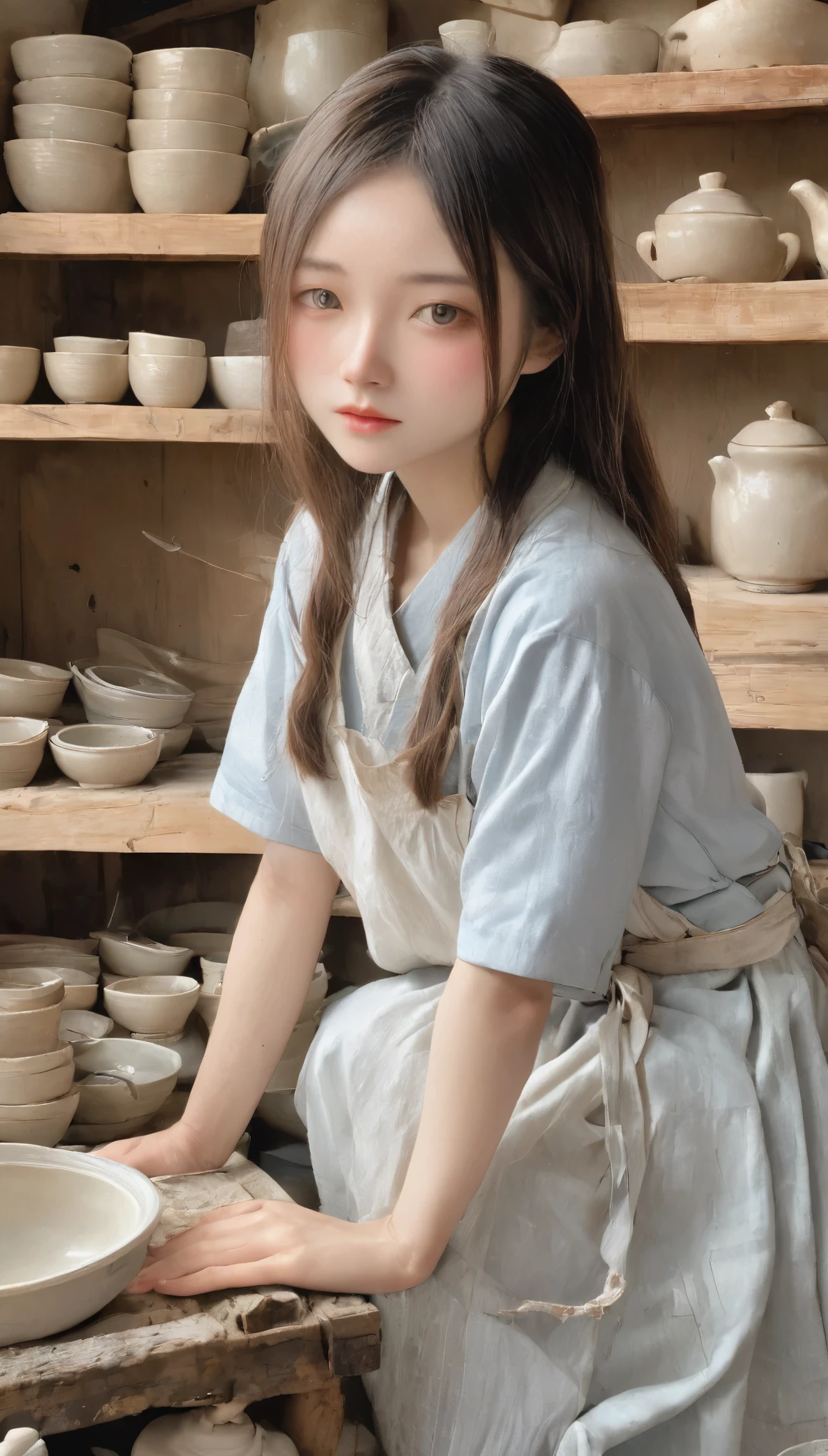 One Girl、cute、、Perfect Anatomy、Accurate human body depiction、Sit down、highest quality、Masterpiece、High resolution、８ｋ、Wabi-sabi art、Extremely delicate facial and skin texture、Ultra-detailed eye、Beautiful Face、Dirty work clothes、Ceramicist、轆轤で壺を作る女性Ceramicist、Dirty work room、Pots drying on a shelf_dish、