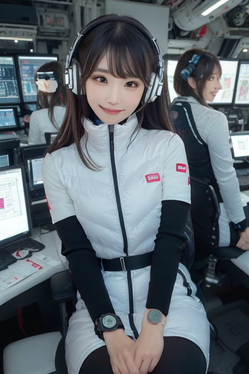 masterpiece, highest quality, Very detailed, 8K Portrait,Japanese Android Girl,plump , Control panel,Robotic arms and legs, Blunt bangs,,break (Metallic Gray, Metallic luster, Mirror finish, Astro Best):5,headphone:5,break (Black sleeves):100,Smart Watches,Futuristic space station,Control Room,break headphone,blue eyes,(Black Hair):2,(Long Hair):1.3,View the viewer,(respirator),break blush:3,Hidden Hand,smile