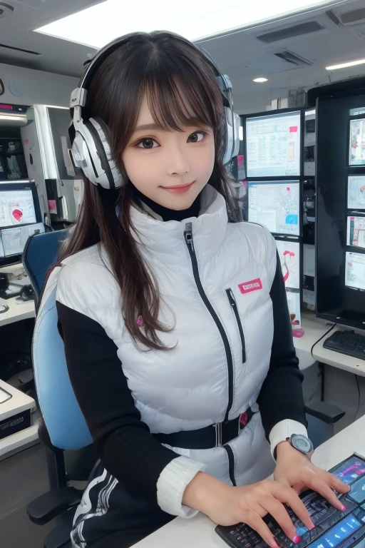 masterpiece, highest quality, Very detailed, 8K Portrait,Japanese Android Girl,plump , Control panel,Robotic arms and legs, Blunt bangs,,break (Metallic Gray, Metallic luster, Mirror finish, Astro Best):5,headphone:5,break (Black sleeves):100,Smart Watches,Futuristic space station,Control Room,break headphone,blue eyes,(Black Hair):2,(Long Hair):1.3,View the viewer,(respirator),break blush:3,Hidden Hand,smile